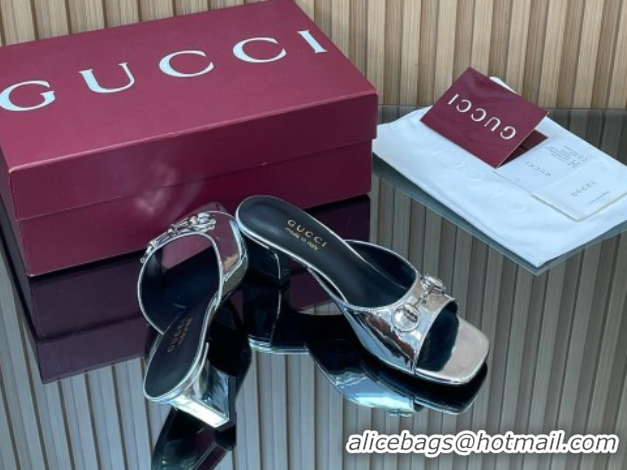 Top Grade Gucci calfskin leather heel slides sandal 5.5cm with horsebit silver 2026 gg030504