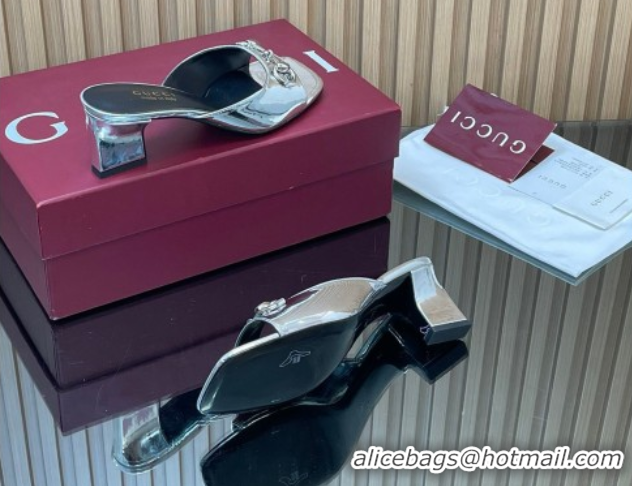 Top Grade Gucci calfskin leather heel slides sandal 5.5cm with horsebit silver 2026 gg030504