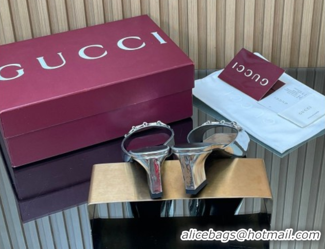 Top Grade Gucci calfskin leather heel slides sandal 5.5cm with horsebit silver 2026 gg030504