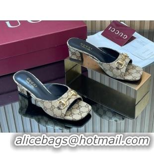 Buy Luxury Gucci canvas heel slides sandal 5.5cm with horsebit beige 2026 gg030504