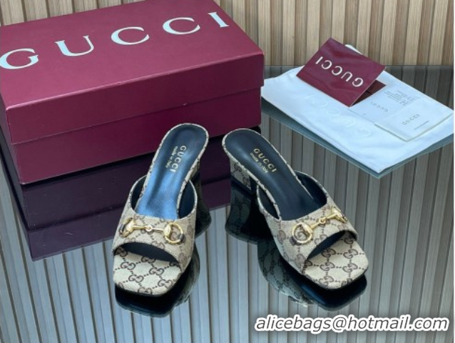 Buy Luxury Gucci canvas heel slides sandal 5.5cm with horsebit beige 2026 gg030504