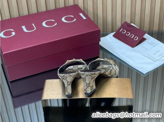 Buy Luxury Gucci canvas heel slides sandal 5.5cm with horsebit beige 2026 gg030504