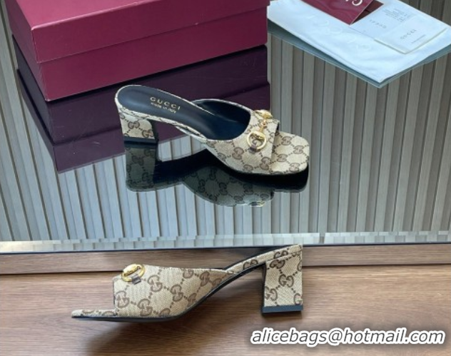 Buy Luxury Gucci canvas heel slides sandal 5.5cm with horsebit beige 2026 gg030504