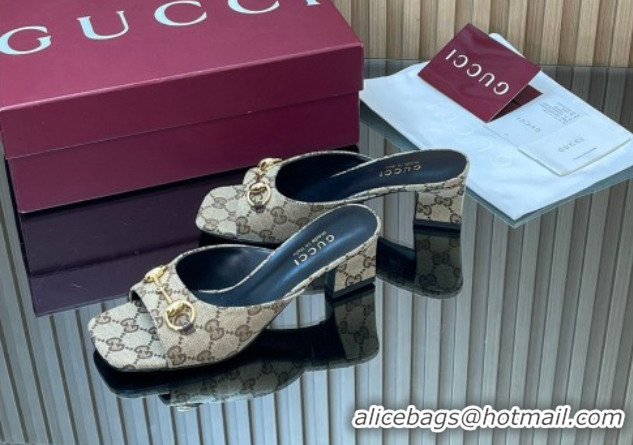 Buy Luxury Gucci canvas heel slides sandal 5.5cm with horsebit beige 2026 gg030504