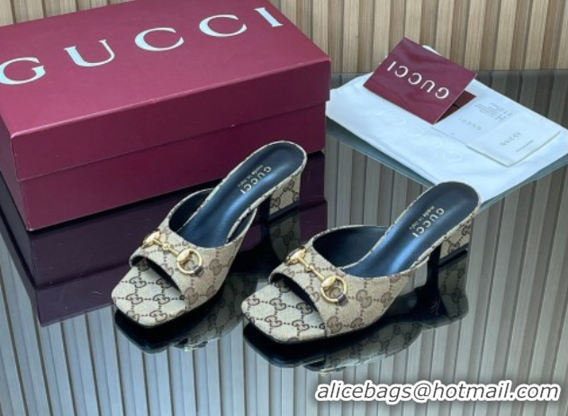 Buy Luxury Gucci canvas heel slides sandal 5.5cm with horsebit beige 2026 gg030504