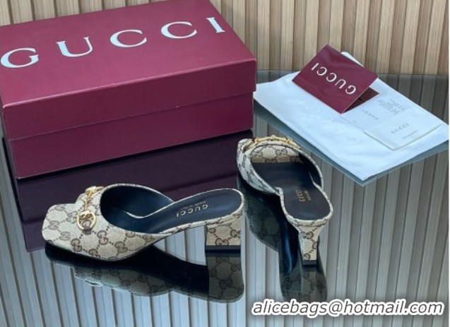 Buy Luxury Gucci canvas heel slides sandal 5.5cm with horsebit beige 2026 gg030504