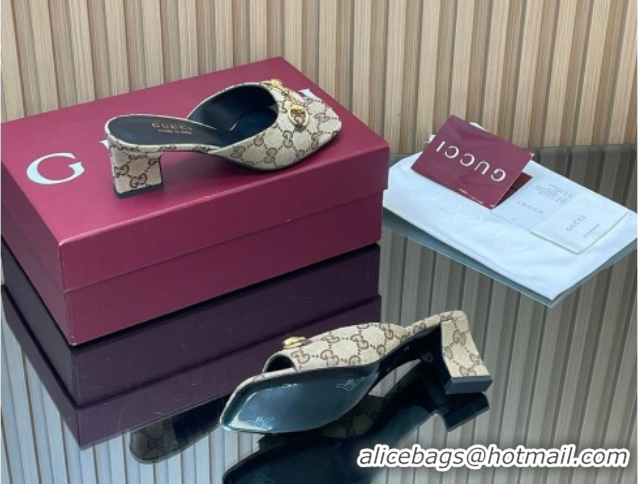 Buy Luxury Gucci canvas heel slides sandal 5.5cm with horsebit beige 2026 gg030504