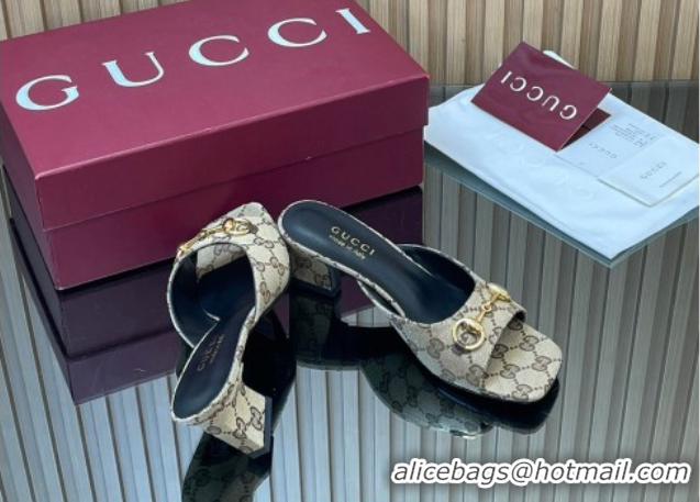 Buy Luxury Gucci canvas heel slides sandal 5.5cm with horsebit beige 2026 gg030504