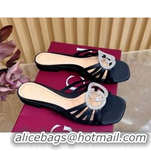 Unique Style Gucci satin flat slides sandal with strass interlocking g black 2026 8523570