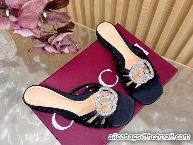 Unique Style Gucci satin flat slides sandal with strass interlocking g black 2026 8523570