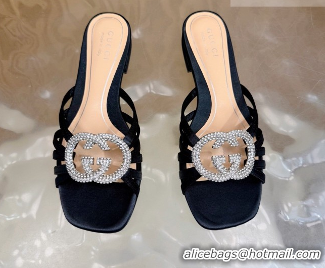Unique Style Gucci satin flat slides sandal with strass interlocking g black 2026 8523570
