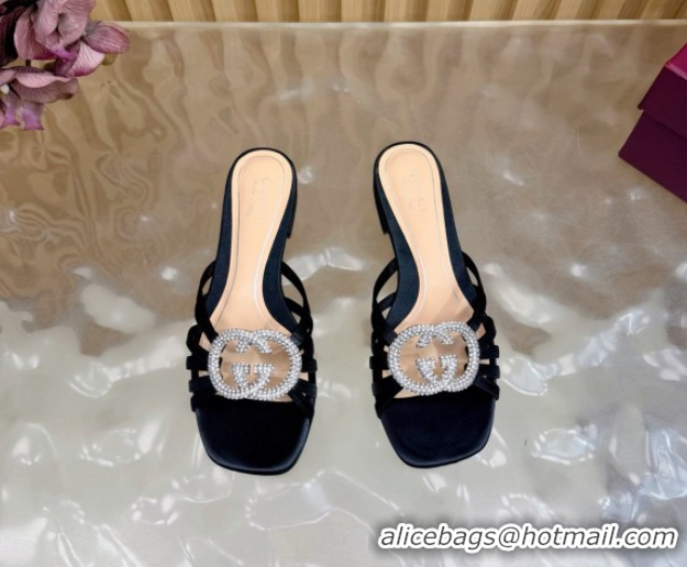Unique Style Gucci satin flat slides sandal with strass interlocking g black 2026 8523570