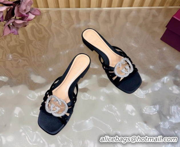 Unique Style Gucci satin flat slides sandal with strass interlocking g black 2026 8523570