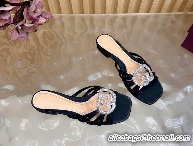 Unique Style Gucci satin flat slides sandal with strass interlocking g black 2026 8523570