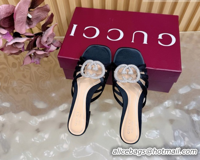 Unique Style Gucci satin flat slides sandal with strass interlocking g black 2026 8523570