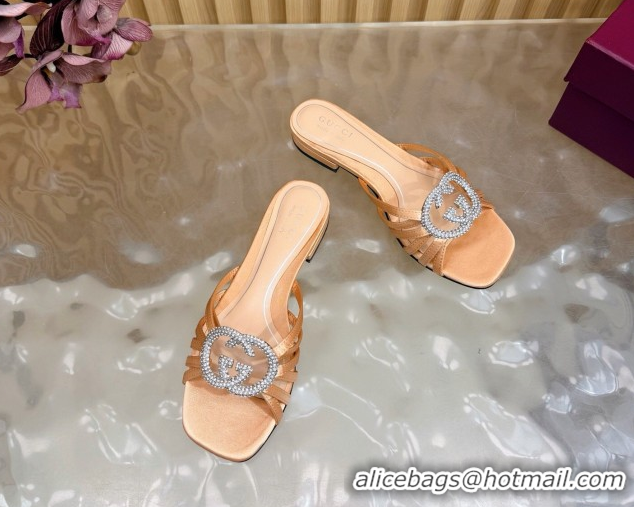 Low Cost Gucci satin flat slides sandal with strass interlocking g coral 2026 8523570