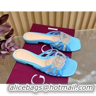 Popular Style Gucci satin flat slides sandal with strass interlocking g light blue 2026 8523570