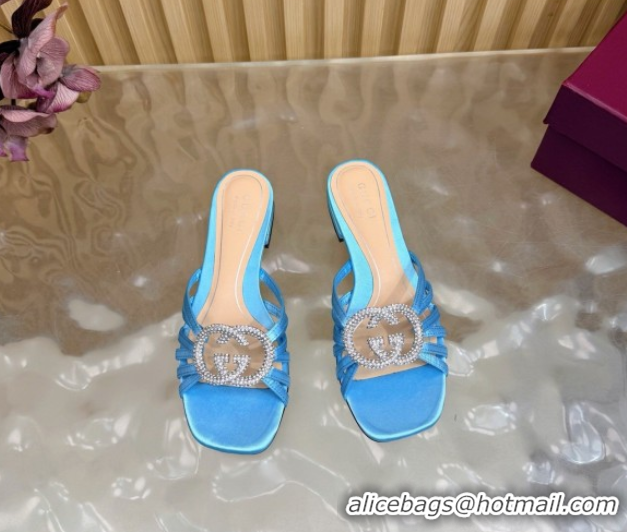 Popular Style Gucci satin flat slides sandal with strass interlocking g light blue 2026 8523570