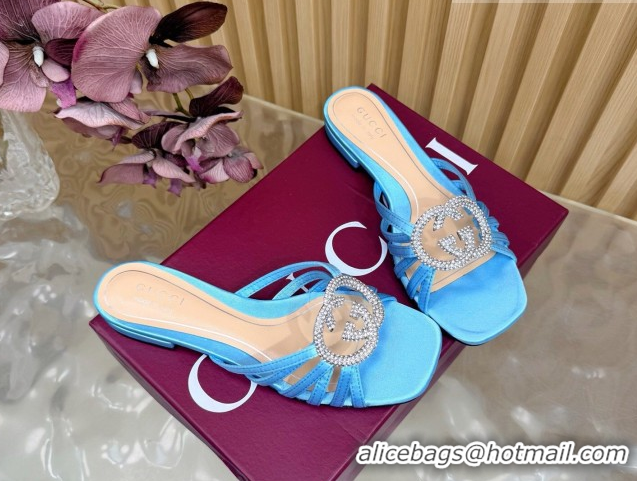 Popular Style Gucci satin flat slides sandal with strass interlocking g light blue 2026 8523570