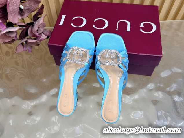 Popular Style Gucci satin flat slides sandal with strass interlocking g light blue 2026 8523570