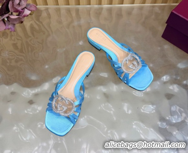 Popular Style Gucci satin flat slides sandal with strass interlocking g light blue 2026 8523570