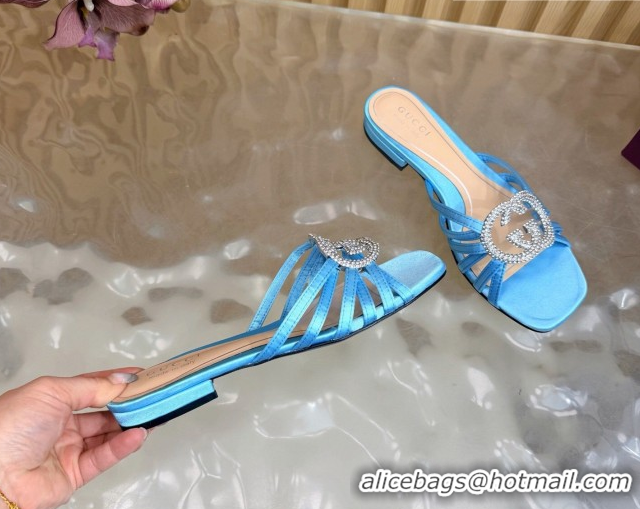 Popular Style Gucci satin flat slides sandal with strass interlocking g light blue 2026 8523570