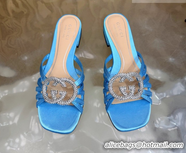 Popular Style Gucci satin flat slides sandal with strass interlocking g light blue 2026 8523570