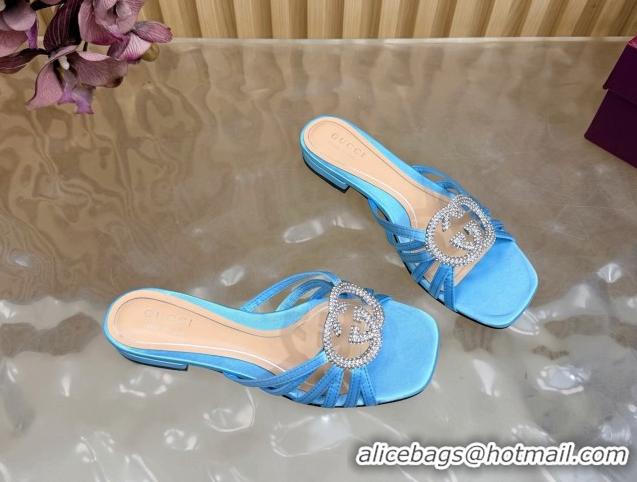 Popular Style Gucci satin flat slides sandal with strass interlocking g light blue 2026 8523570