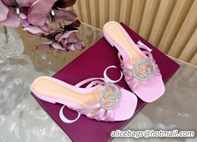 Purchase Gucci satin flat slides sandal with strass interlocking g light purple 2026 8523570