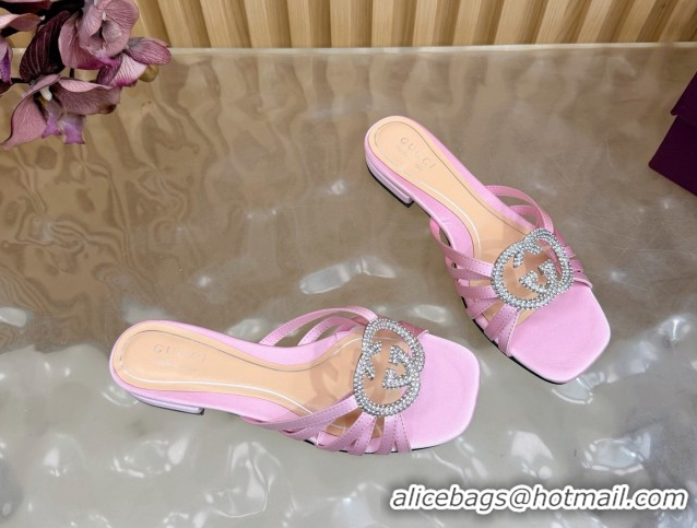Purchase Gucci satin flat slides sandal with strass interlocking g light purple 2026 8523570