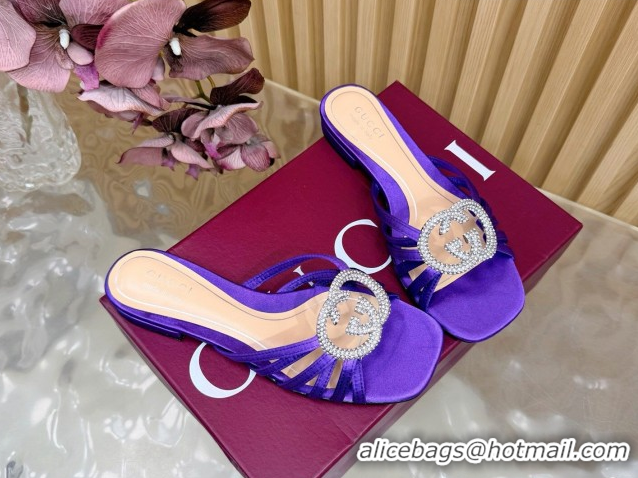 Good Looking Gucci satin flat slides sandal with strass interlocking g purple 2026 8523570