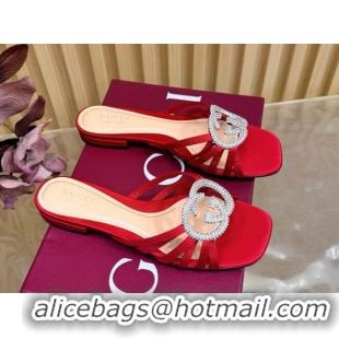 Best Product Gucci satin flat slides sandal with strass interlocking g red 2026 8523570