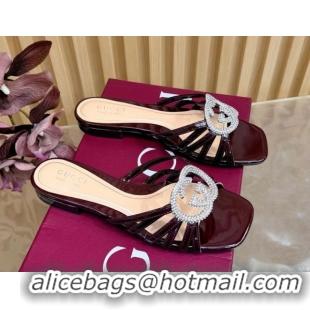 Shop Duplicate Gucci patent leather flat slides sandal with strass interlocking g dark brown 2026 8523570
