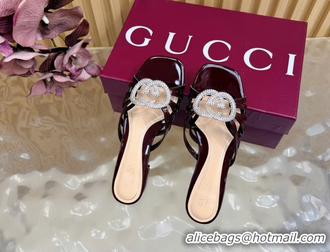 Shop Duplicate Gucci patent leather flat slides sandal with strass interlocking g dark brown 2026 8523570