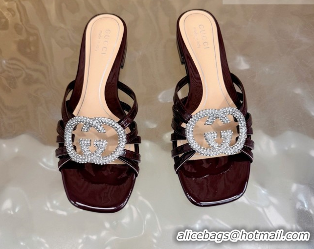 Shop Duplicate Gucci patent leather flat slides sandal with strass interlocking g dark brown 2026 8523570