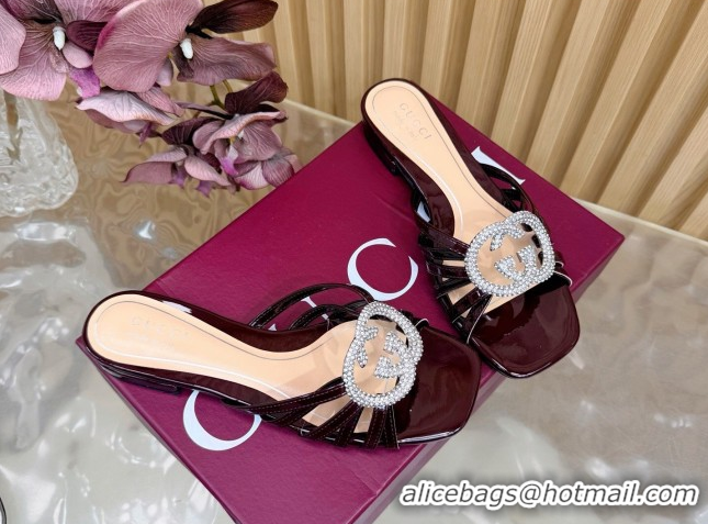 Shop Duplicate Gucci patent leather flat slides sandal with strass interlocking g dark brown 2026 8523570