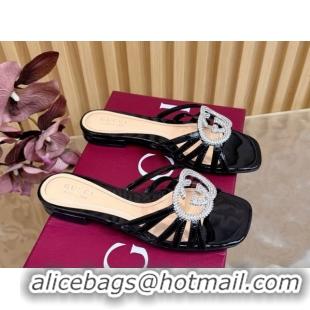 Good Quality Gucci patent leather flat slides sandal with strass interlocking g black 2026 8523570