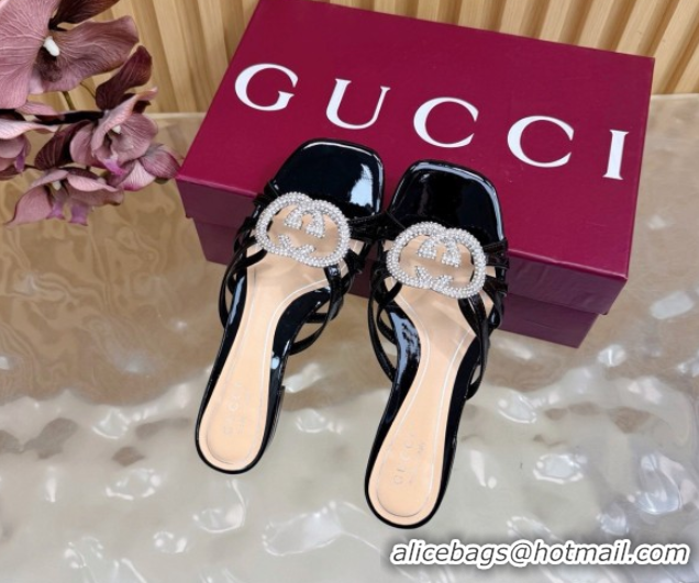 Good Quality Gucci patent leather flat slides sandal with strass interlocking g black 2026 8523570