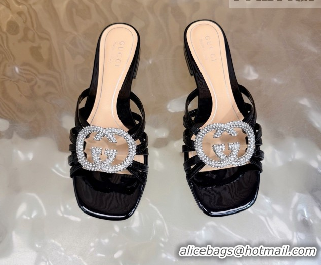 Good Quality Gucci patent leather flat slides sandal with strass interlocking g black 2026 8523570