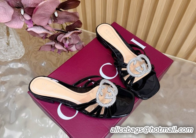 Good Quality Gucci patent leather flat slides sandal with strass interlocking g black 2026 8523570
