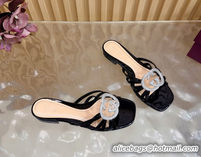 Good Quality Gucci patent leather flat slides sandal with strass interlocking g black 2026 8523570
