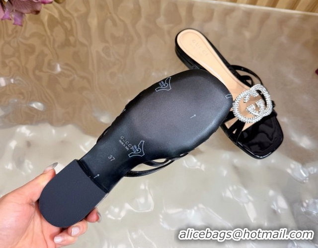 Good Quality Gucci patent leather flat slides sandal with strass interlocking g black 2026 8523570