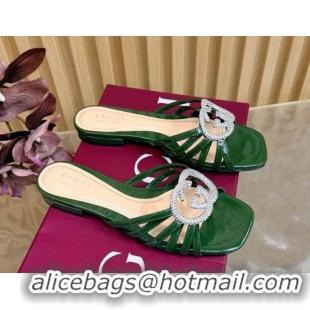 Most Popular Gucci patent leather flat slides sandal with strass interlocking g green 2026 8523570
