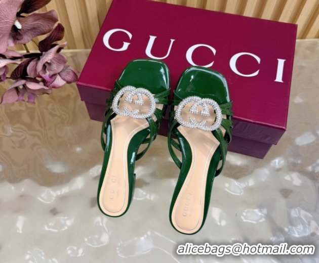 Most Popular Gucci patent leather flat slides sandal with strass interlocking g green 2026 8523570
