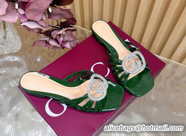 Most Popular Gucci patent leather flat slides sandal with strass interlocking g green 2026 8523570