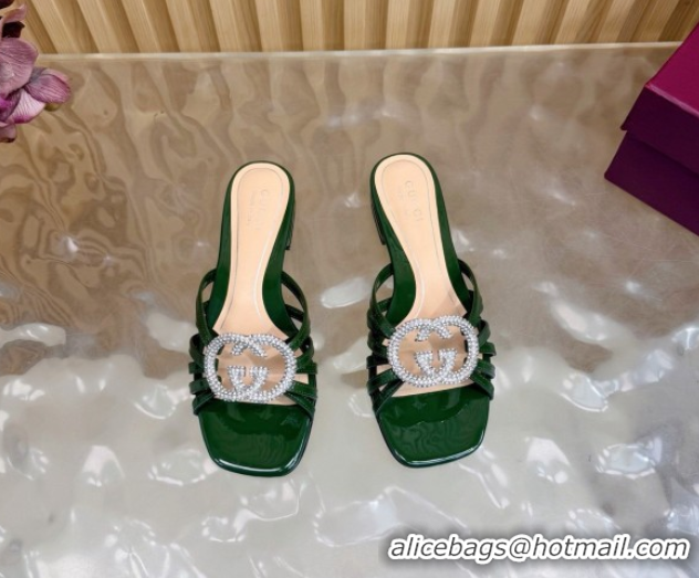 Most Popular Gucci patent leather flat slides sandal with strass interlocking g green 2026 8523570