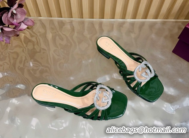 Most Popular Gucci patent leather flat slides sandal with strass interlocking g green 2026 8523570