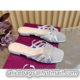 Durable Gucci calfskin leather flat slides sandal with strass interlocking g silver 2026 8523570
