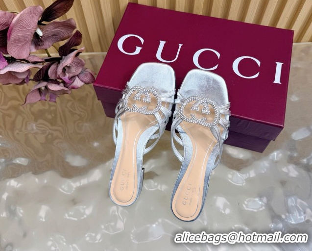 Durable Gucci calfskin leather flat slides sandal with strass interlocking g silver 2026 8523570