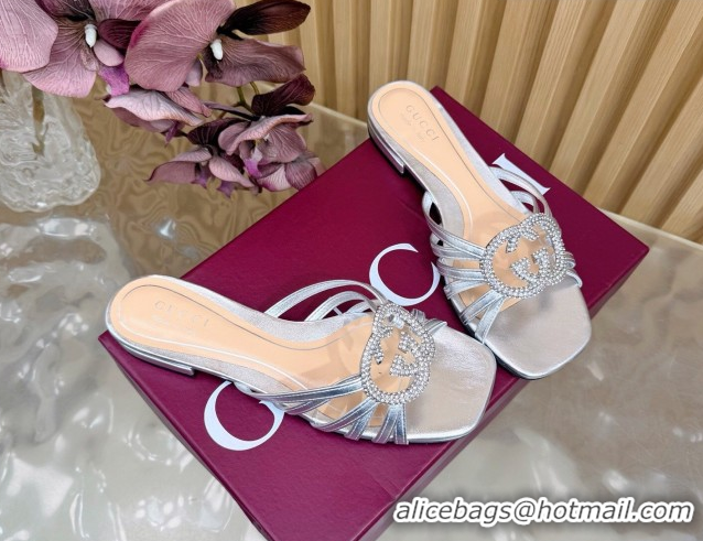 Durable Gucci calfskin leather flat slides sandal with strass interlocking g silver 2026 8523570